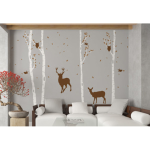 Birch grove - autocolant de perete Maro + trunchi alb 330 x 230 cm