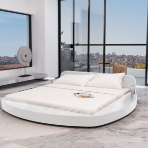 VidaXL Cadru pat rotund cu 2 măsuțe piele artificială 180 x 200 cm Alb