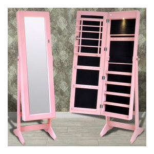 Cabinet roz pentru bijuterii cu suport, oglindă și lampă LED