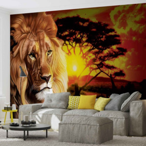 Lion Sunset Africa Nature Tree Fototapet, (211 x 90 cm)