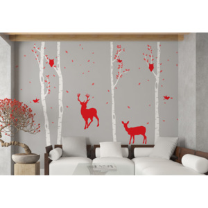 Birch grove - autocolant de perete Roșu + portbagaj alb 330 x 230 cm