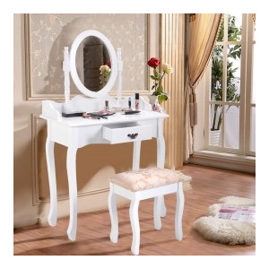SEA219 - Set Masa alba toaleta cosmetica machiaj oglinda masuta vanity, scaunel, taburet tapitat