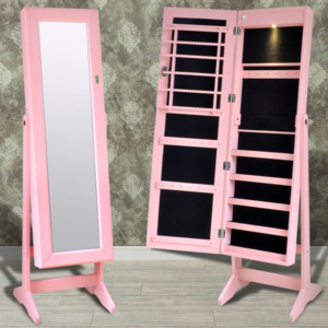 Cabinet roz pentru bijuterii cu suport, oglindă și lampă LED