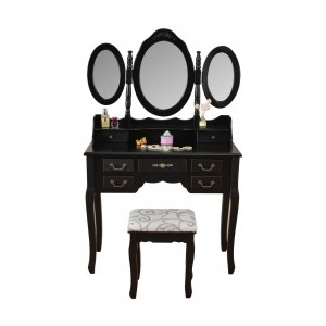 SEN212 - Set Masa neagra toaleta cosmetica machiaj oglinda masuta, scaun taburet tapitat