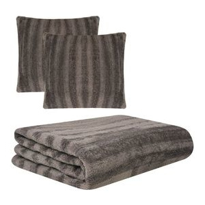 Set pătură și huse de pernă din blană artificială, gri, 3 piese