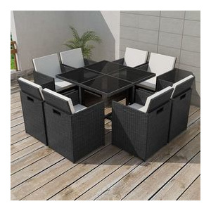 Set masă și scaune de exterior, poliratan, negru, 25 piese