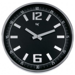 Ceas rotund de perete, D-300mm, cifre arabe, TIQ - rama metal/plastic gri - dial negru
