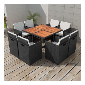 Set masă și scaune de exterior din poliratan, negru, 25 piese