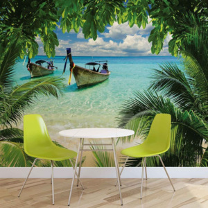 Beach Tropical Paradise Boat Fototapet, (211 x 90 cm)