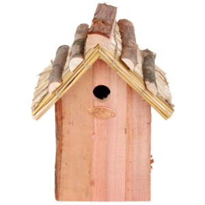 Căsuță din lemn de pin pentru păsări Esschert Design Antik, înălțime 27 cm, acoperiș din paie