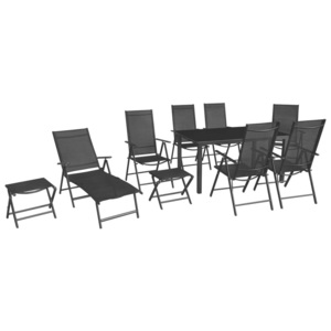 Set mobilier de exterior pliabil, 10 piese, aluminiu, negru