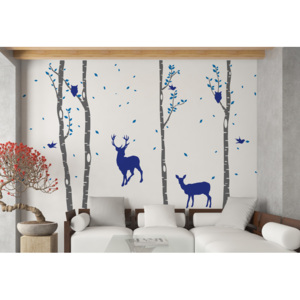 Birch grove - autocolant de perete Albastru + trib gri 330 x 230 cm