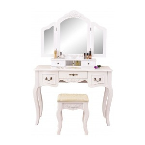 SEA205 - Set masa toaleta Alb oglinda tripla, scaun, cosmetica machiaj