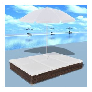 Șezlong de plajă cu umbrelă poliratan, maro