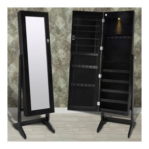 Cabinet negru pentru bijuterii cu suport, oglindă și lampă LED
