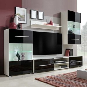 Set mobilier de perete pentru TV cu iluminare LED, 5 piese, negru