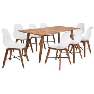 Set masă cu scaune din lemn acacia, 9 piese, alb