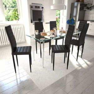 Set 6 scaune Slim Line cu masă din sticlă, negru