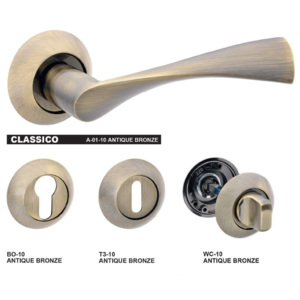 Set manere usa CLASSICO A01-10 bronz antic, tija manere 8mm, tija incuietoare baie 6mm