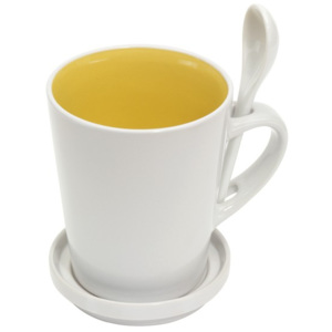 Cana ceramica cu lingurita si farfurioara - galben