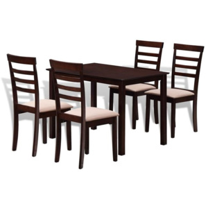 Set masă cu 4 scaune din lemn masiv, maro și crem