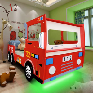 Pat pentru copii, model mașină pompieri LED, 200 x 90 cm, roșu