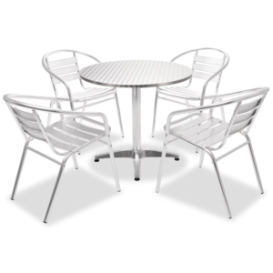 Set de masă 5 piese, masă rotundă, scaune stivuibile, aluminiu