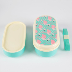 Cutie pentru prânz Tropical Flamingo, compartimentată pentru mâncare, cu tacâmuri incluse