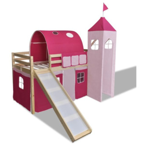 Pat etajat pentru copii, cu tobogan și scară din lemn, roz