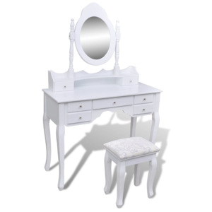 Măsuță de toaletă cu oglindă 7 sertare și taburete XXL Alb