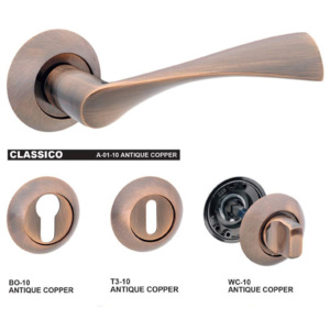 Set manere usa CLASSICO A01-10 cupru antic, tija manere 8mm, tija incuietoare baie 6mm