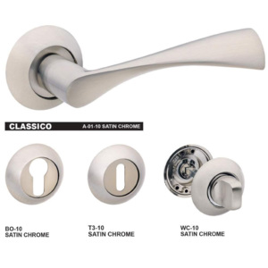 Set manere usa CLASSICO A01-10 crom satinat, tija manere 8mm, tija incuietoare baie 6mm