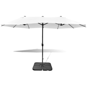 Umbrelă cu bază portabilă, 2,7 x 4,6 m, aluminiu, nisip, alb