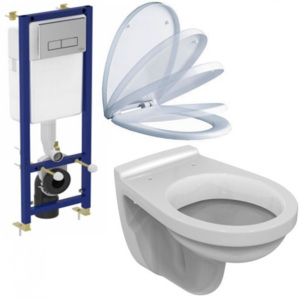 Set vas WC suspendat Ideal Standard Simplicity, Cadru ingropat cu rezervor, clapeta cromata si capac soft-close