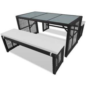 Set masă și scaune de exterior 5 piese, poliratan, negru
