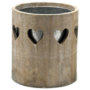 Ghiveci rotund metal in suport de lemn cu inimi decupate