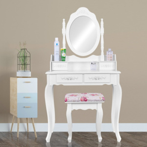 SEA243 - Set Masa alba toaleta cosmetica machiaj oglinda pliabila masuta vanity, scaunel, taburet tapitat