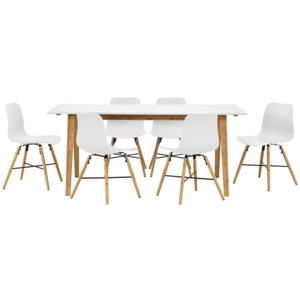 [en.casa]® Garnitura Tania masa bucatarie cu 6 scaune, masa 180 x 80 cm, scaun 80 x 44,5 cm, MDF/plastic/lemn, alb