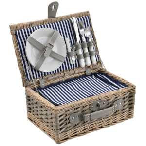 [casa.pro]® Cos picnic 2 persoane, 38 x 25 x 16 cm, rachita/poliuretan-imitatie piele/textil, gri/alb/albastru
