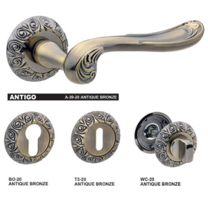 Set manere usa ANTIGO 39-20 bronz antic, tija manere 8mm, tija incuietoare baie 6mm