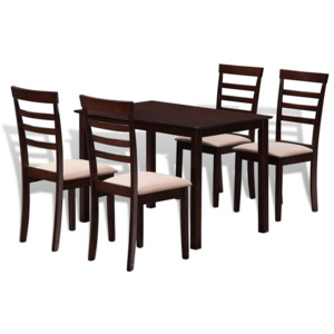 Set masă cu 4 scaune din lemn masiv, maro și crem