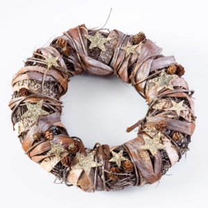 Coroniţă de Crăciun cu scoarţă de mesteacăn maro-aurie 32 cm
