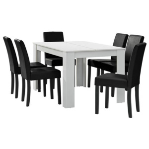 Masa eleganta Cleo - MDF furniruit, alb, 140 x 90 cm - cu 6 scaune imitataie de piele, negru