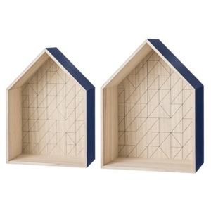 Set 2 cutii in forma de casa pentru perete albastru/natur Bloomingville