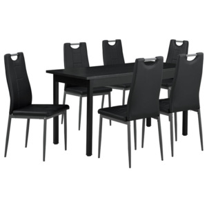 Masa de bucatarie/salon eleganta (140x60) cu 6 scaune imitatie de piele - negru