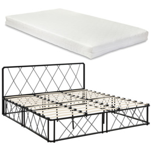 Rama pat metalic cu saltea - pat frantuzesc - negru (180 x 200cm) - cu gratar pat