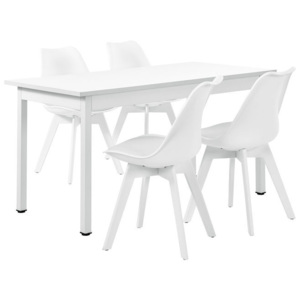 Masa de bucatarie/salon alba, desin elegant (140 x 60cm) 4 scaune albe capitonate