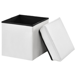 Puff - scaun rabatabil Marime M - MDF/piele sintetica, 30 x 30 cm, alb, cu compartiment pentru depozitare