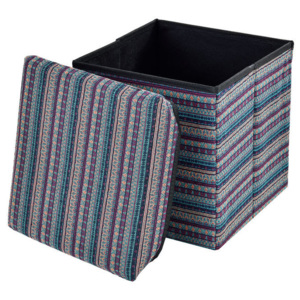 Puff - scaun rabatabil Marime M - MDF/poliester, 30 x 30 cm, tricot colorat nuante albastru, cu compartiment pentru depozitare
