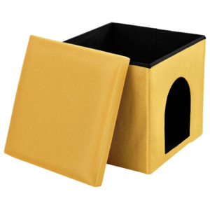 Puff scaun suport pentru picioare - rabatabil cu compartiment pentru depozitare si vizuina pentru animalele mici (catei si pisici) 38x38cm galben must